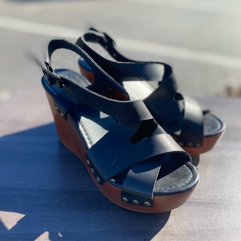 Wanted Black and Brown Wedge Sandals